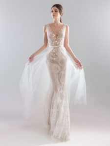 Style #1923L, available in ivory with nude lining (photo), ivory; Style #1923-2 (skirt), available in ivory