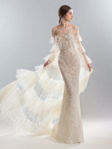 Style #1927L, available in dark ivory (photo), ivory; Style #1927-7 (cape), available in ivory