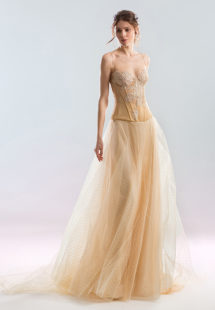 Style #1937-2 (skirt), available in champagne (photo), ivory; Style #1937-3 (corset), available in champagne (photo), ivory