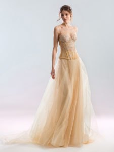 Style #1937-2 (skirt), available in champagne (photo), ivory; Style #1937-3 (corset), available in champagne (photo), ivory