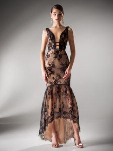 Style #400, Fit and flare high low evening gown with plunging neckline, available in powder, ivory, black, ivory-nude, cherry, gray-blue