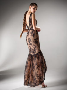 Style #400, Fit and flare high low evening gown with plunging neckline, available in powder, ivory, black, ivory-nude, cherry, gray-blue