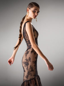 Style #400, Fit and flare high low evening gown with plunging neckline, available in powder, ivory, black, ivory-nude, cherry, gray-blue