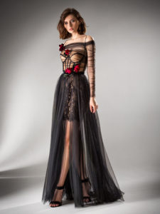 Style #401, Long sleeved A-line evening dress, available in ivory, black