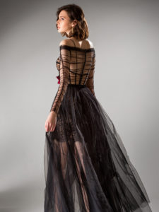 Style #401, Long sleeved A-line evening dress, available in ivory, black