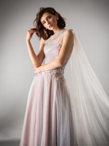 Style #402, A-line evening dress with one shoulder, available in ivory, lavender, peach