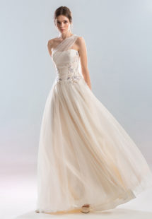 Style #402, A-line dress with one shoulder, available in peach (photo), ivory