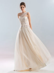 Style #402, A-line dress with one shoulder, available in peach (photo), ivory