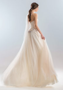 Style #402, A-line dress with one shoulder, available in peach (photo), ivory