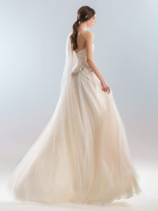 Style #402, A-line dress with one shoulder, available in peach (photo), ivory