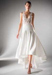 Style #403, High-low evening gown with dropped waist, available in ivory
