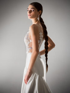Style #403, High-low evening gown with dropped waist, available in ivory