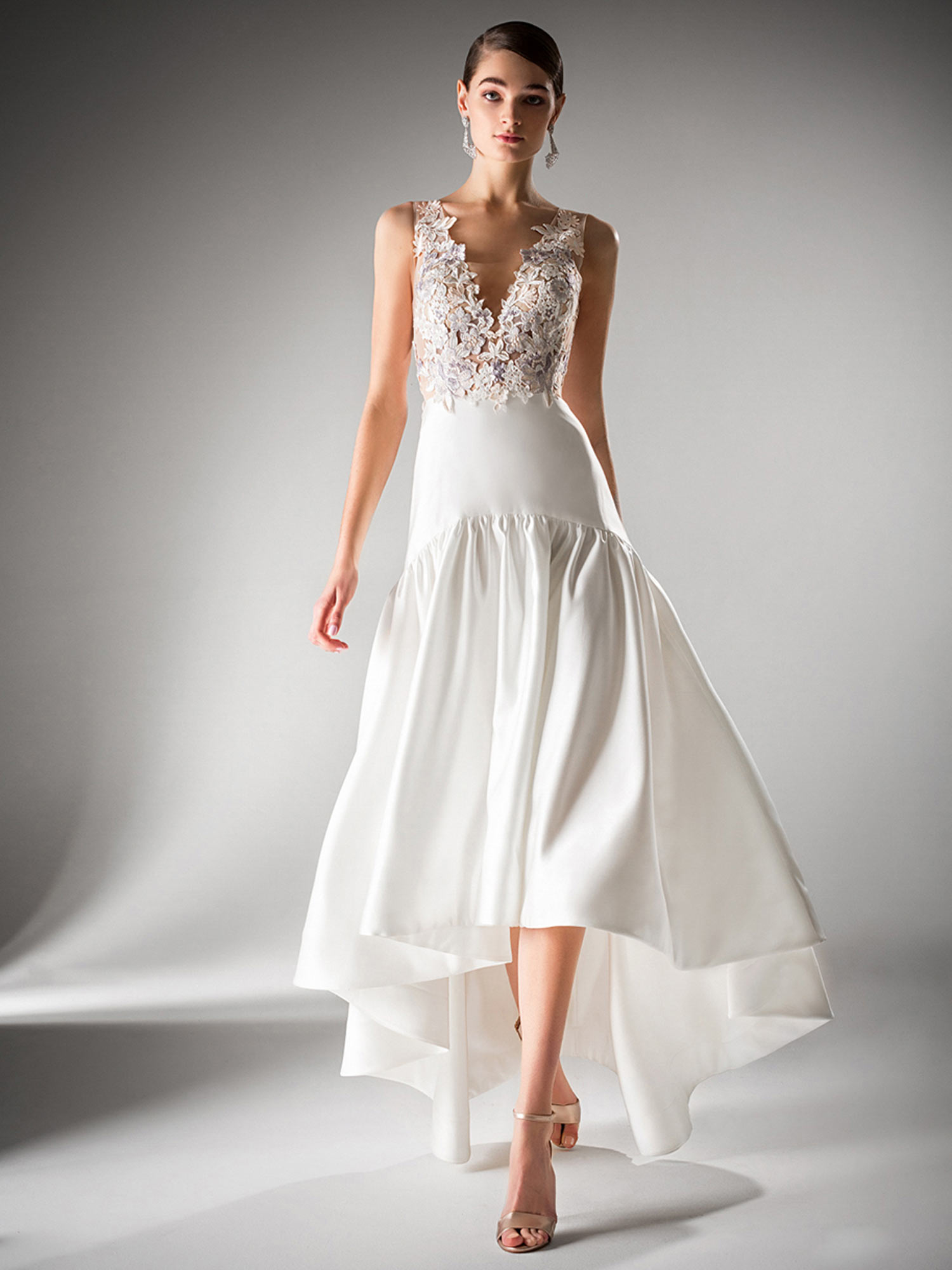 Style #403, High-low evening gown with dropped waist, available in ivory