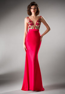 Style #404, Fitted evening gown with floral applique, available in ivory, black, crimson, pink