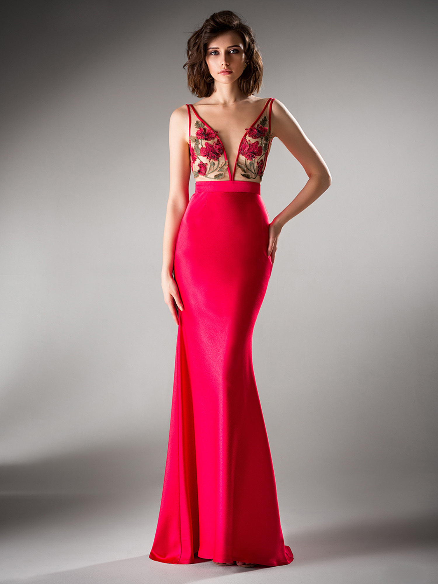 Style #404, Fitted evening gown with floral applique, available in ivory, black, crimson, pink