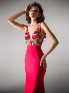 Style #404, Fitted evening gown with floral applique, available in ivory, black, crimson, pink