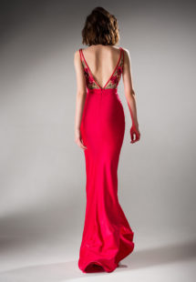 Style #404, Fitted evening gown with floral applique, available in ivory, black, crimson, pink