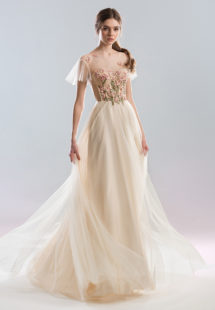 Style #405, Cap sleeved gown with floral details, available in powder, ivory, black, cherry, gray-blue, lavender, pink, nude