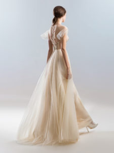 Style #405, Cap sleeved gown with floral details, available in powder, ivory, black, cherry, gray-blue, lavender, pink, nude