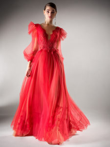 Style #406, A-line evening dress with bishop sleeves, available in powder, ivory, black, cherry, gray-blue