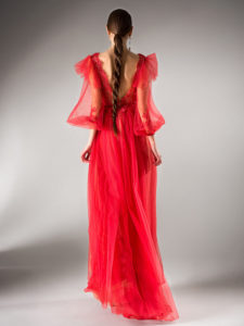 Style #406, A-line evening dress with bishop sleeves, available in powder, ivory, black, cherry, gray-blue