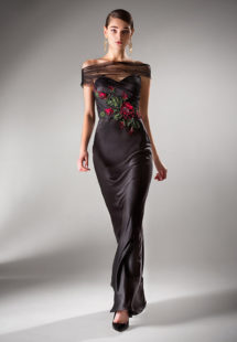 Style #407, Fitted evening dress with off the shoulder sleeves, available in ivory, black, blush
