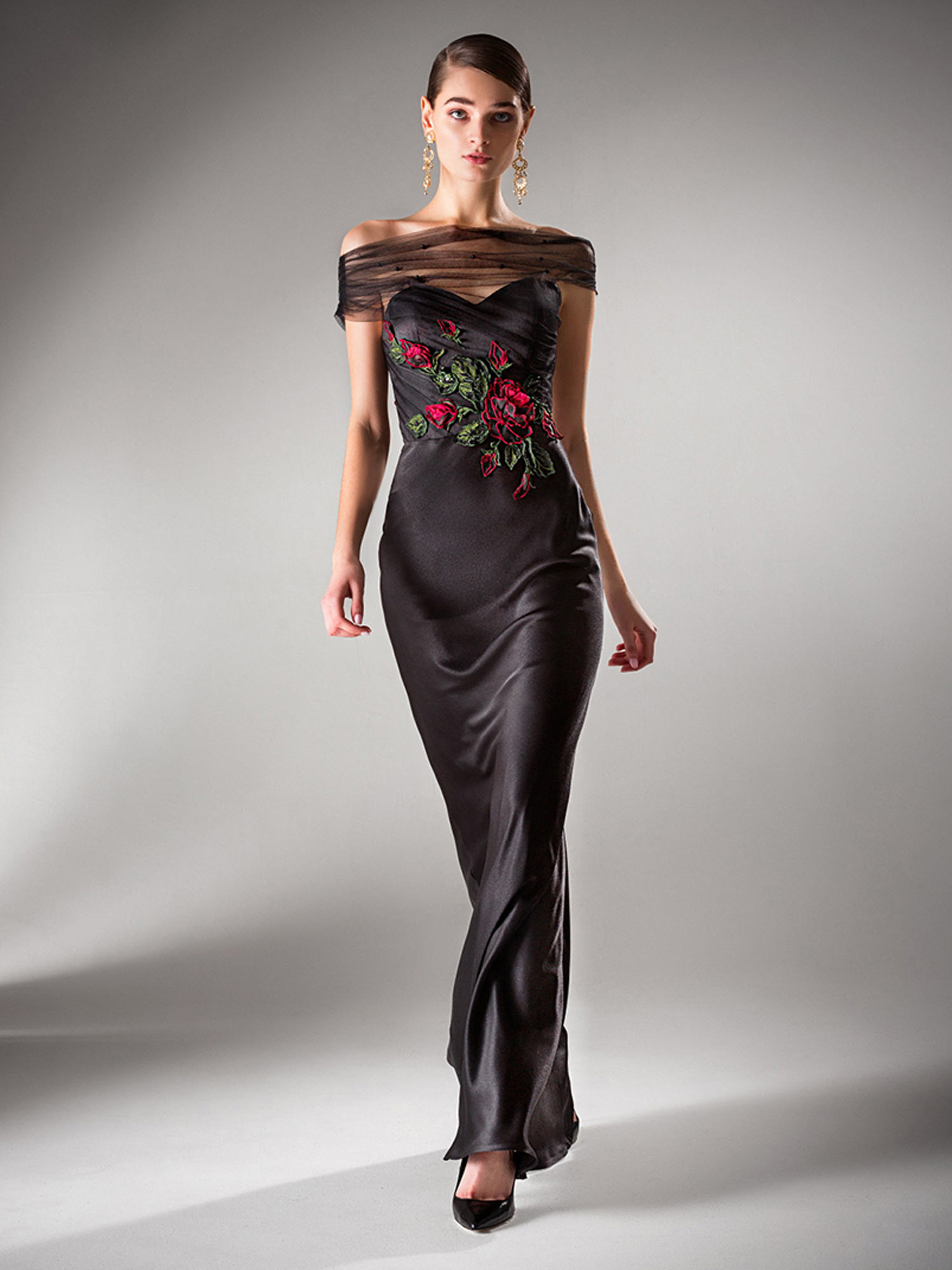 Style #407, Fitted evening dress with off the shoulder sleeves, available in ivory, black, blush