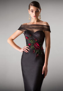 Style #407, Fitted evening dress with off the shoulder sleeves, available in ivory, black, blush