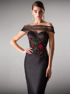 Style #407, Fitted evening dress with off the shoulder sleeves, available in ivory, black, blush