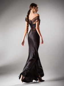Style #407, Fitted evening dress with off the shoulder sleeves, available in ivory, black, blush