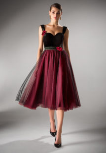 Style #408, Ball gown evening dress with velvet bustier, available in black-burgundy