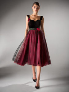 Style #408, Ball gown evening dress with velvet bustier, available in black-burgundy