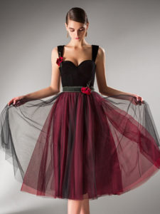 Style #408, Ball gown evening dress with velvet bustier, available in black-burgundy
