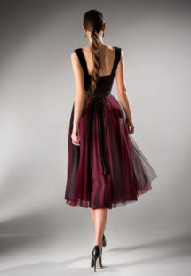 Style #408, Ball gown evening dress with velvet bustier, available in black-burgundy