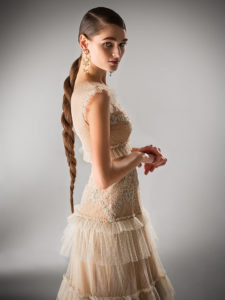 Style #409, A-line evening dress with tiered skirt, available in beige