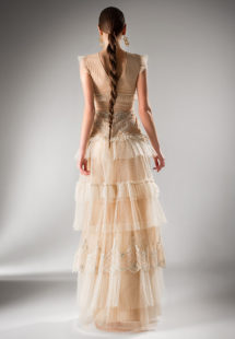 Style #409, A-line evening dress with tiered skirt, available in beige