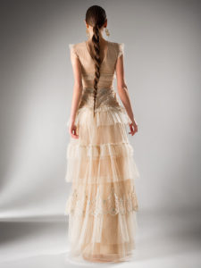 Style #409, A-line evening dress with tiered skirt, available in beige