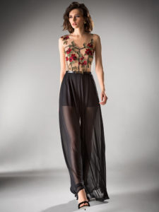 Style #410-8, Flowy jumpsuit with an illusion neckline, available in powder, ivory, black, red, berry