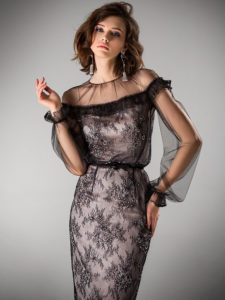 Style #411, Cocktail dress with long sleeves, available (without beading) in ivory, ivory-pink, black, black-pink