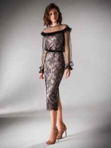 Style #411, Cocktail dress with long sleeves, available (without beading) in ivory, ivory-pink, black, black-pink