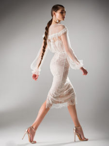 Style #411, Cocktail dress with long sleeves, available (without beading) in ivory, ivory-pink, black, black-pink