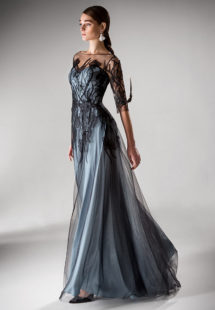 Style #412, Evening dress with three-quarter sleeves, available in gray-black