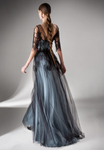 Style #412, Evening dress with three-quarter sleeves, available in gray-black