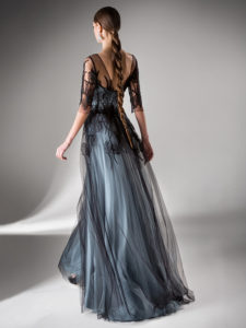 Style #412, Evening dress with three-quarter sleeves, available in gray-black