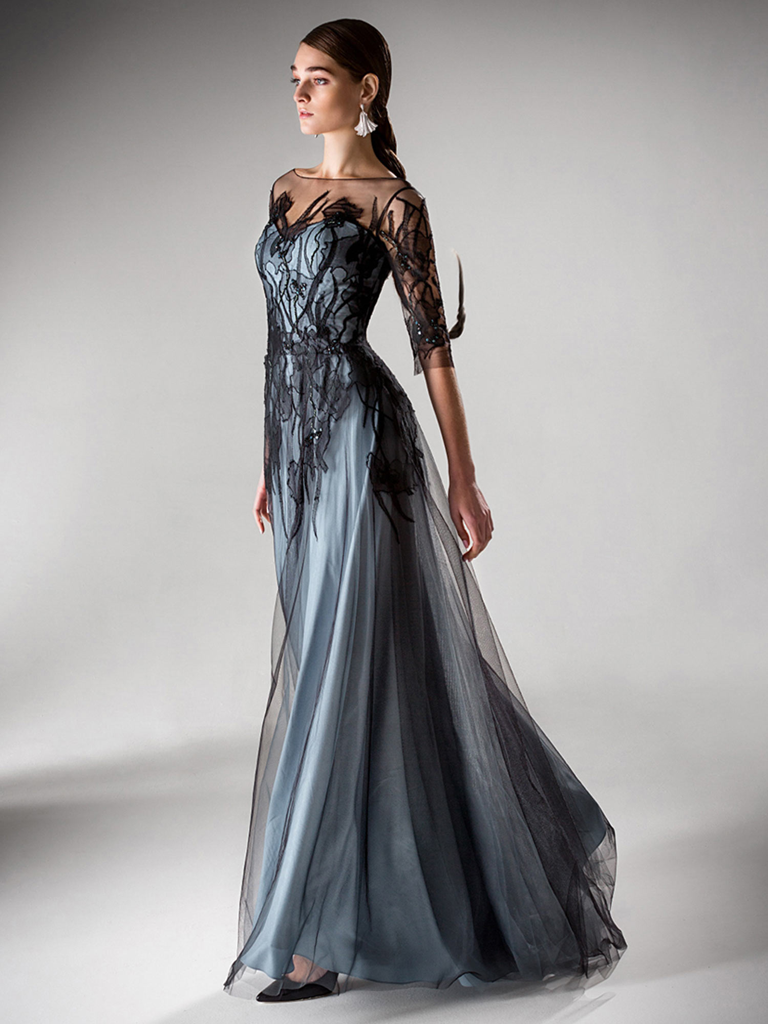 Style #412, Evening dress with three-quarter sleeves, available in gray-black