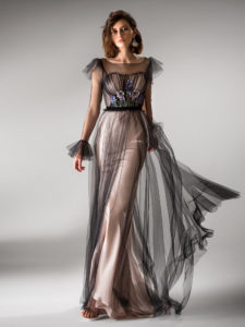 Style #414, Floor length evening gown with long sleeves, available in ivory-powder, black-powder