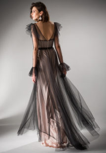 Style #414, Floor length evening gown with long sleeves, available in ivory-powder, black-powder