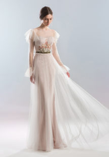 Style #414, Floor length gown with long sleeves, available in ivory-powder, black-powder