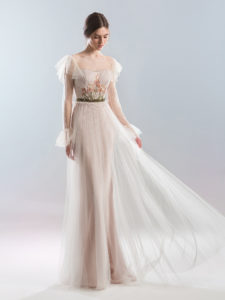 Style #414, Floor length gown with long sleeves, available in ivory-powder, black-powder