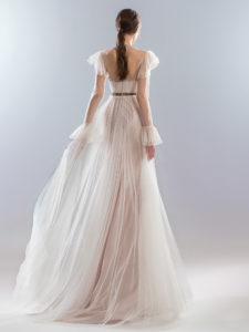 Style #414, Floor length gown with long sleeves, available in ivory-powder, black-powder